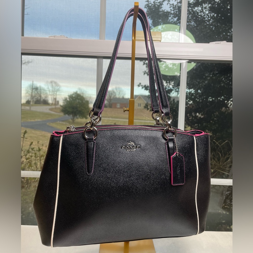 Coach Christie Carryall Black Crossgrain Leather with Pink/Magenta Piping NWOT